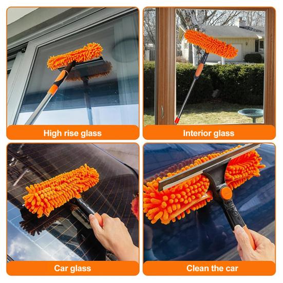 Manual Window Squeegee Cleaning Kit with Extension Pole Long Pole Stainless Steel Chenille Cloth Glass Wiper Scrubber