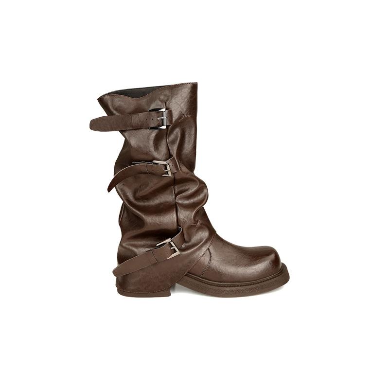 Cowhide~ Height Increased 6cm Belt Buckle Pleated Medium and High Boots Leather Knight Boots Women's Pants Tube Boots