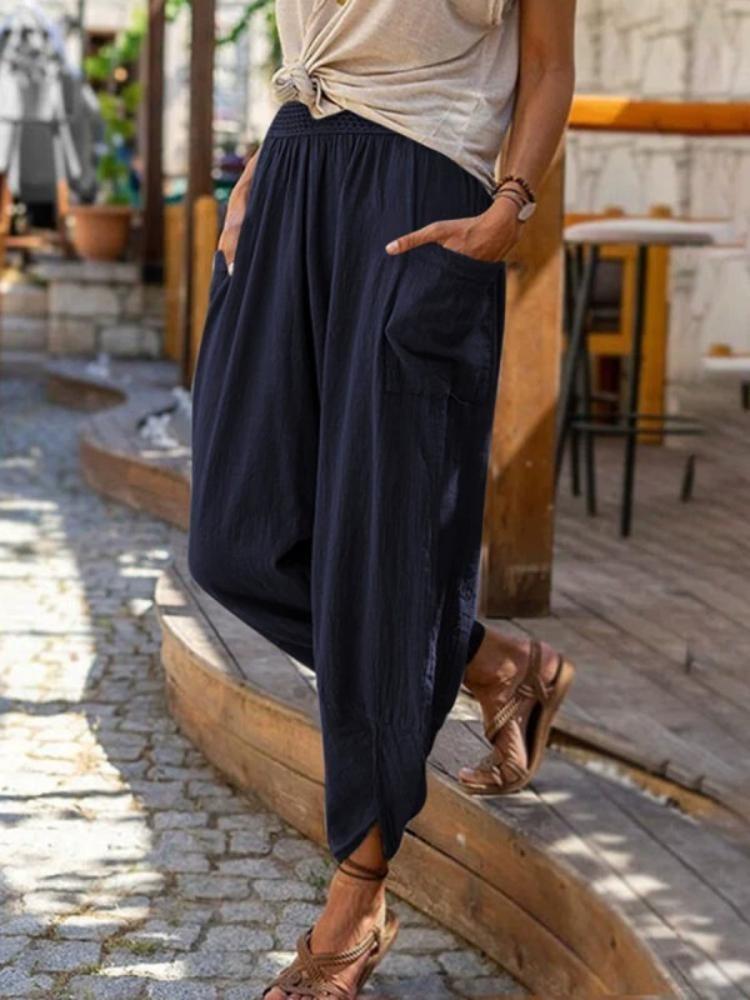 

Womens Beach Pants Spring Summer New Casual Cotton Linen Loose Wide Leg Shorts 3XL темно-синього кольору