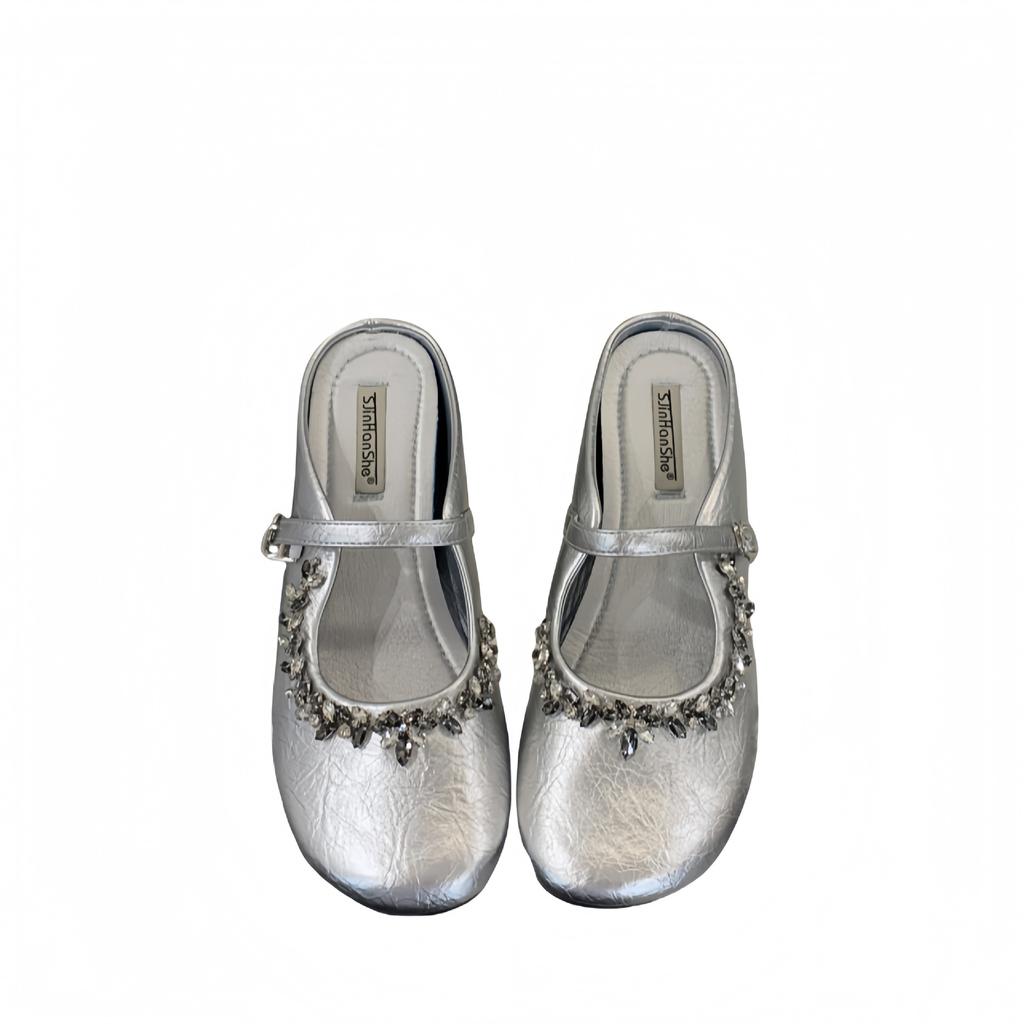 French flat-bottomed small fragrant bag head half slippers women's shoes wear 2025 new summer Mary Jane half single shoes