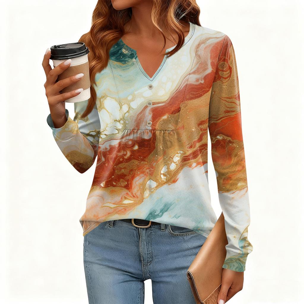Women's Relaxed,Fit V,Neck Vintage Color,Blocked Floral Print Long,Sleeve Pullover Tee