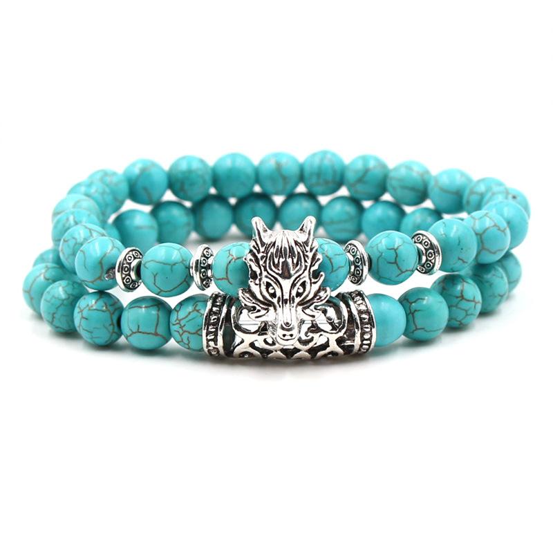 2PCS/Set Copper Color Buddha Head Lava Skeleton Turquoises Natural Stone Beads For Women Men Bracelet Set Charm Bangles