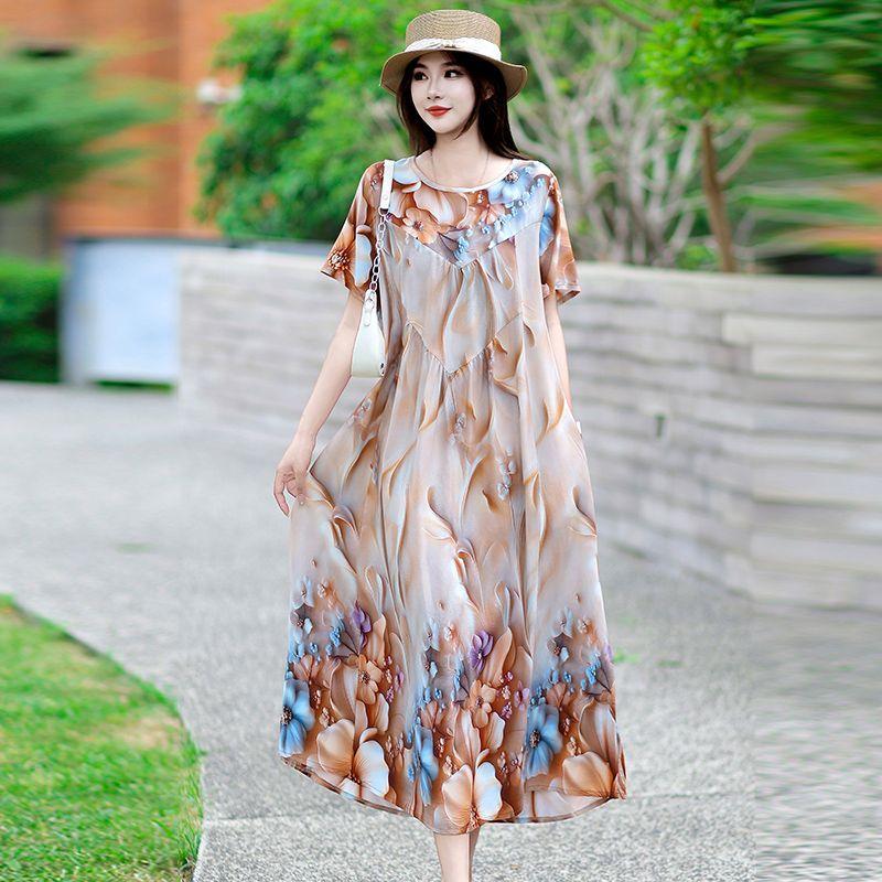 Summer Women's Plus Size Dress Loose Round Neck Floral Dress Soft Skin-friendly Breathable Long Dress
