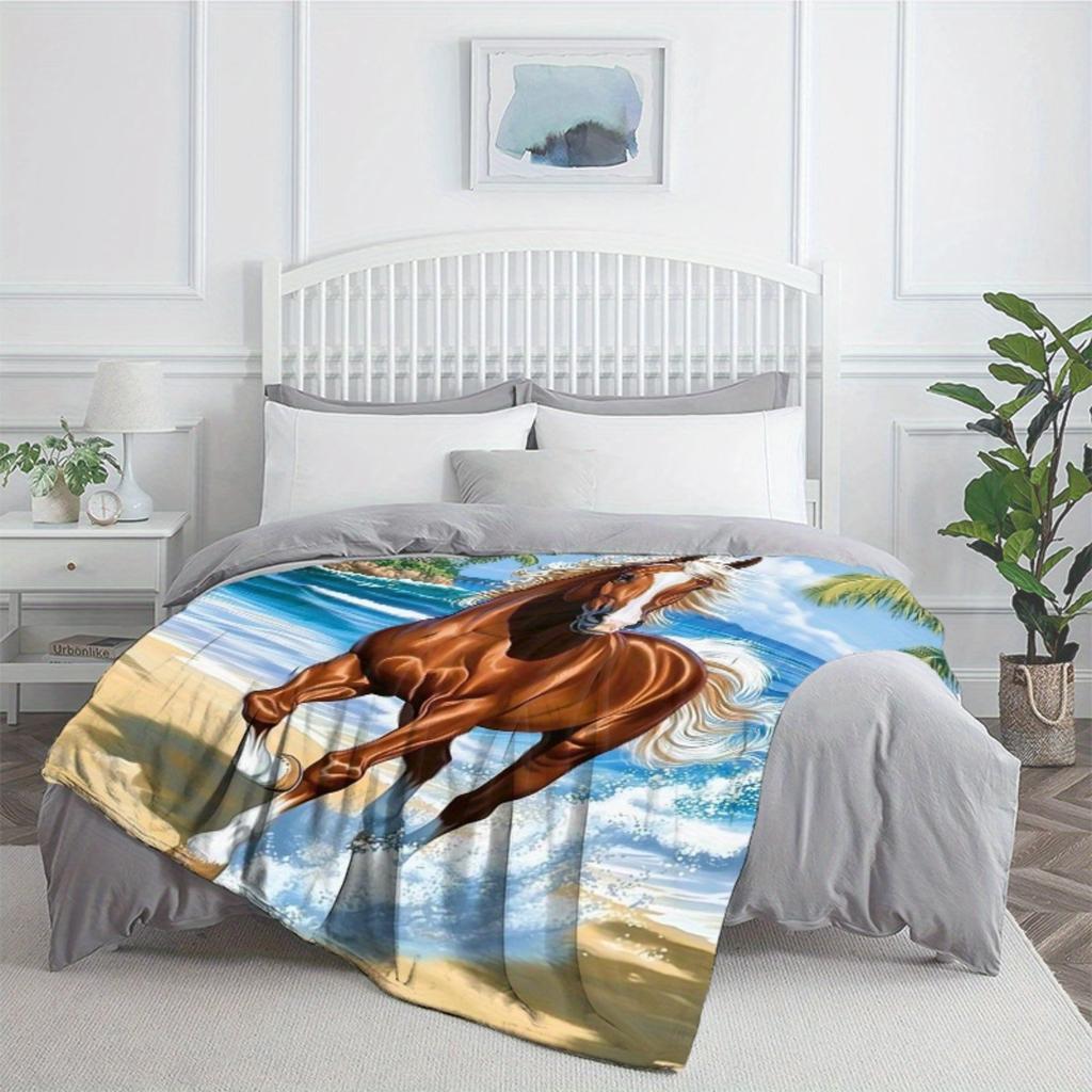 1pc Horse Running On Beach Ocean View Fleece Blanket Flannel Throw Coastal Animal Art Bed Cover Tropical Paradise Decor Gift