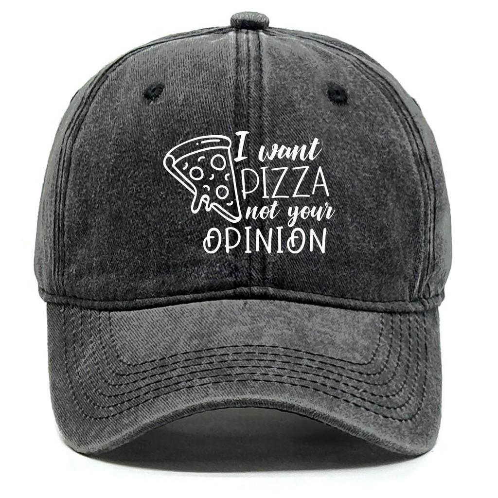 I want pizza not your opinion" Print Snapback Sun Hat, Trucker Hat Sun Protective Sporting Headwear Distressed Adjustable Baseball Hat