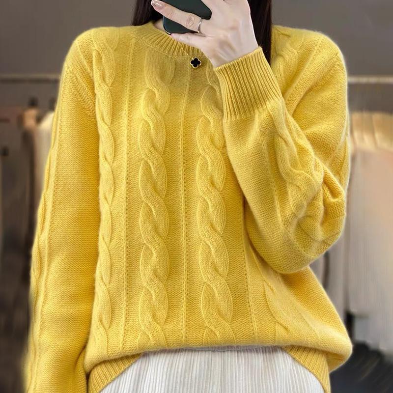 Spring Autumn and Winter Round Neck Solid Color Knitwear Vintage Fried Dough Twists Pullover Women Thick Slim Sweater Long Sleeve Warm Top Casual