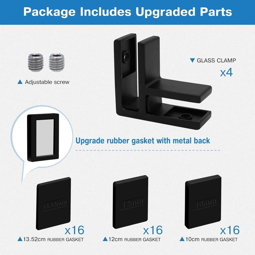 Railing Glass to Glass Clamp, 4 Pack Black Stainless Steel 304 Bracket for Glass, Double Sided Railing Glass Clip Holder with Rubber Gaskets for