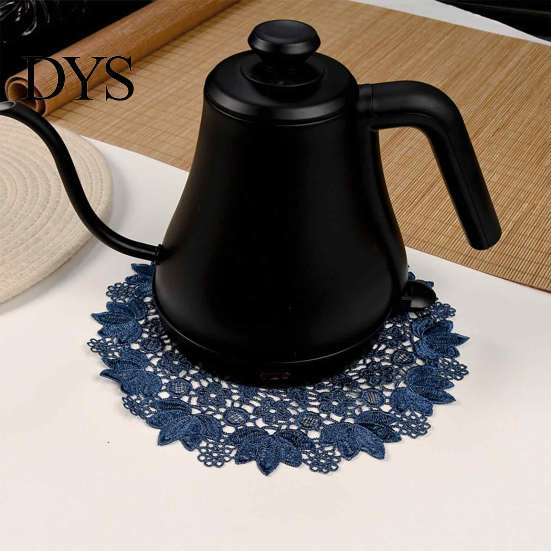 Tea Tray Mats Round Lace Doily, Dark Blue Floral Placemat, Embroidered Table Fabric Doilies Mat, Heat-resistant for Home Decoration Covers