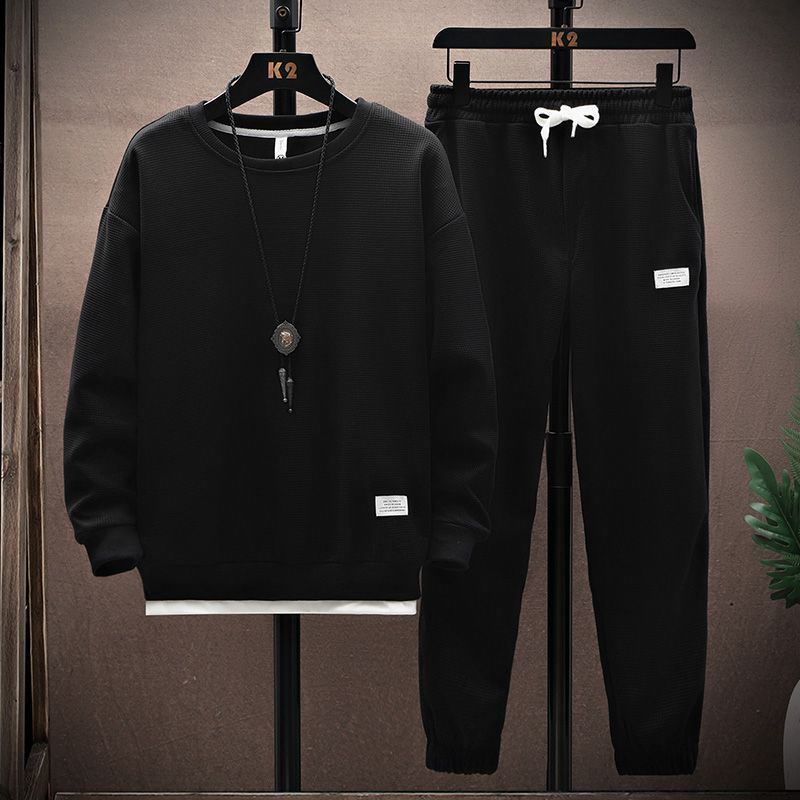 Sommer herre vaffelsett casual t-skjorte og buksesett herre sportsdress 2-pris sett ensfarget treningsdress løse dresser