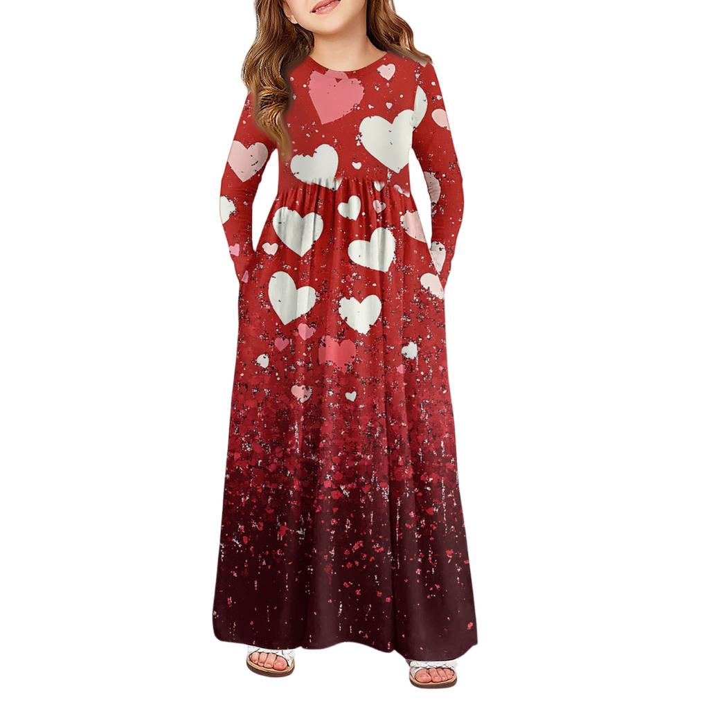 Girls' Maxi Dress - Long Sleeve Pocket Dress Valentine's Day