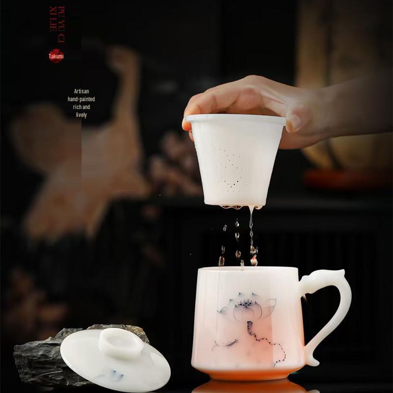 Large Hand-Painted Jade Porcelain Cup with Lid and Handle for Tea Brewing