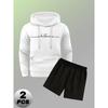 Polyester Men's 2 Piece Casual Outfit Hooded Pullover Sweatshirt and Drawstring Shorts Versatile Outdoor