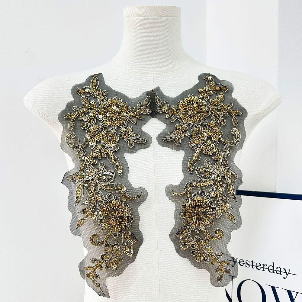 2PCS/1Pair Fashion Handmade Clothing Applique Mesh Flower Embroidery Chest Flower DIY Sew Gold Silver Clothing Patch