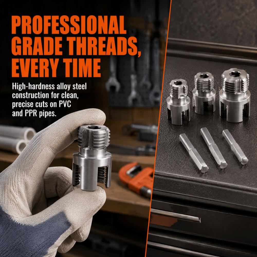 3PCS Internal External Threads Pipe Thread Cutter Dual End Die Tube Threader Kit Water Pipe Repair