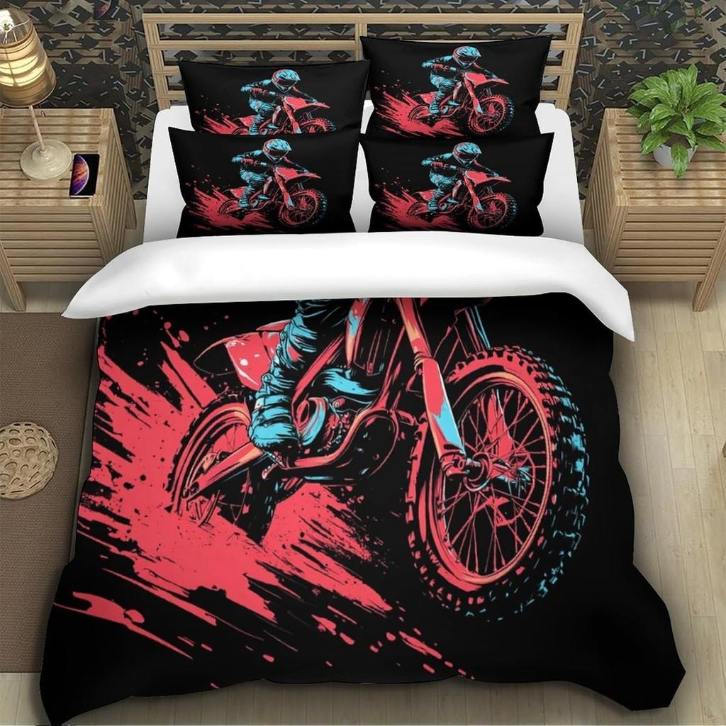 Dirt Bike 3D-Druck Bettbezüge, Motorrad Weiches Mikrofaser Bettwäscheset Und Kissenbezug Versteckter Reißverschluss Für Kinder Jugendliche Einzel