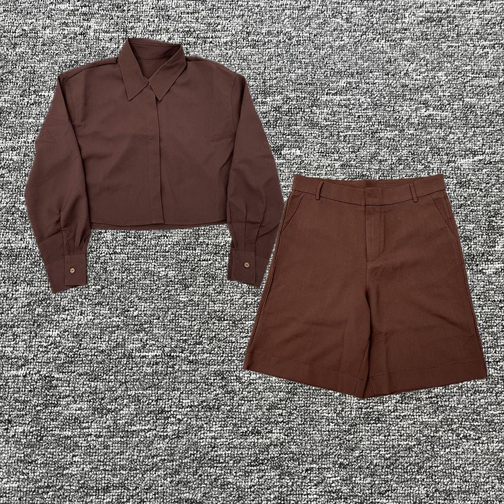 

2024 A/W Women s Draped Long Sleeve Lapel Shirt & High Waist Straight Leg Shorts Set Large кофейный