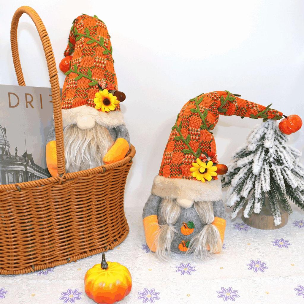 Pumpkin Sunflower Gnome Figurine - No-face Elf Ornament for Harvest Festival Window Display