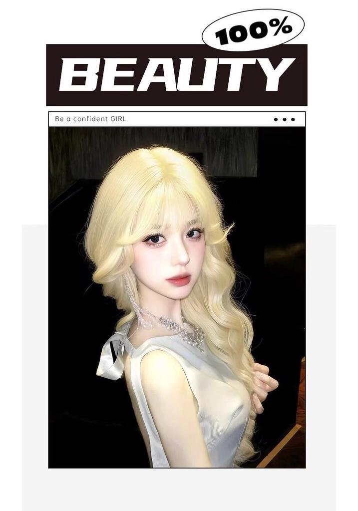 Milky White Gold Long Curly Wig with Bangs – Big Waves, Sweet Lolita Style for Daily Wear