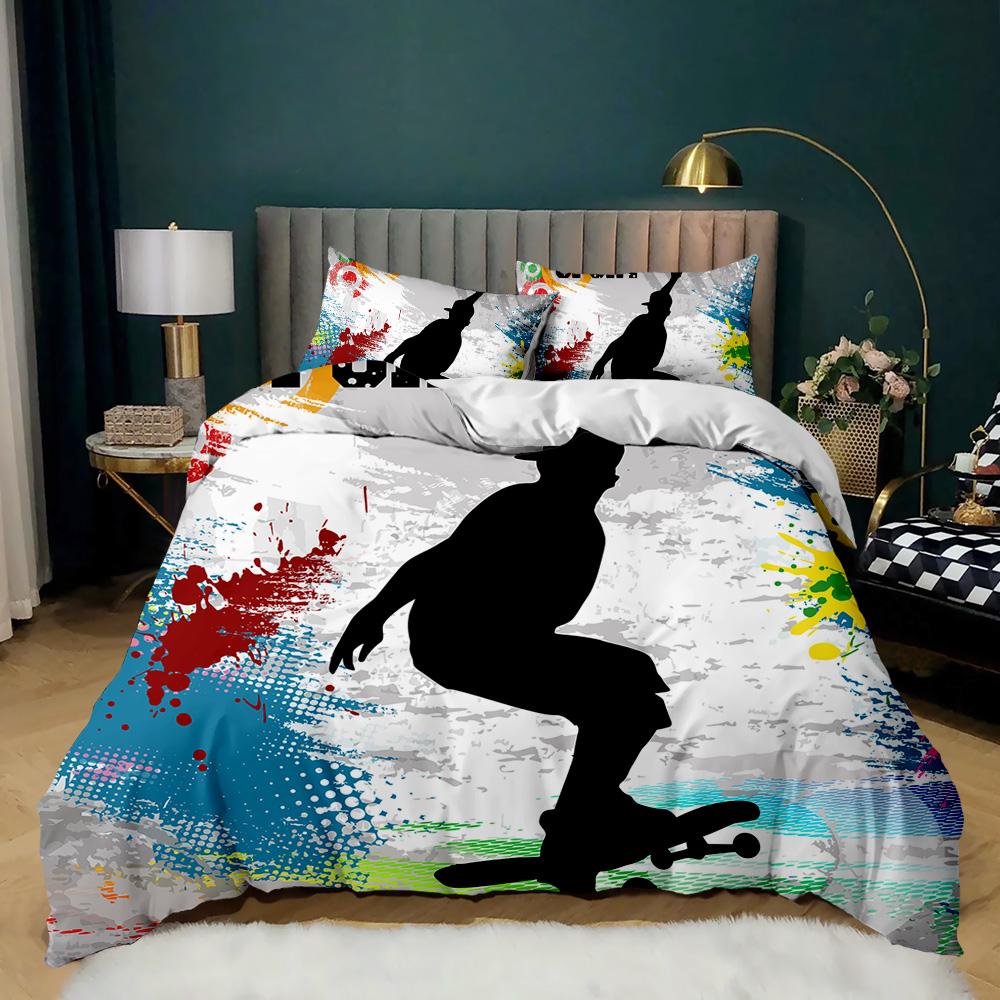 Skateboard Duvet Cover Set Hip Hop Style Bedding Set Colorful Rainbow Tie-Dye Hippie Abstract Graffiti Art Polyester Qulit Cover