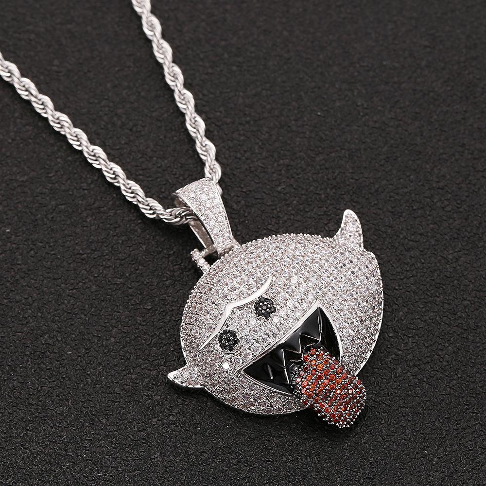 European and American Hip-hop Style Funny Face Tongue Sticking Pendant, Copper Inlaid with Zircon, Micro Inlaid with Diamonds, Trendy Hip-hop Necklace