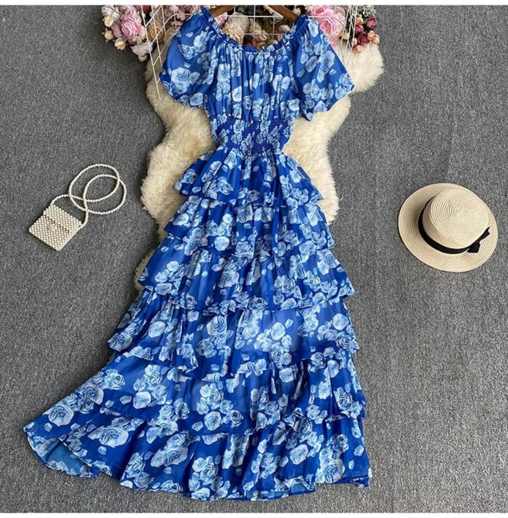 Retro Floral Chiffon Slimming Dress: Women's Summer Puff Short Sleeve High-End Vacation Cake Dress