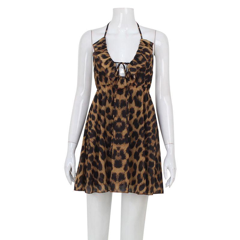 

Cnyishe Fashion Style Sexy V-neck Low Cut Leopard Print Print Halterneck Dress Bow Bandage Backless Skirt Leopard print S