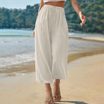 Caprihosen für Damen, Baumwolle, Leinen, lässig, für den Sommer, gerade, weites Bein, lockerer Kordelzug, elastische Taille, verkürzte Hose