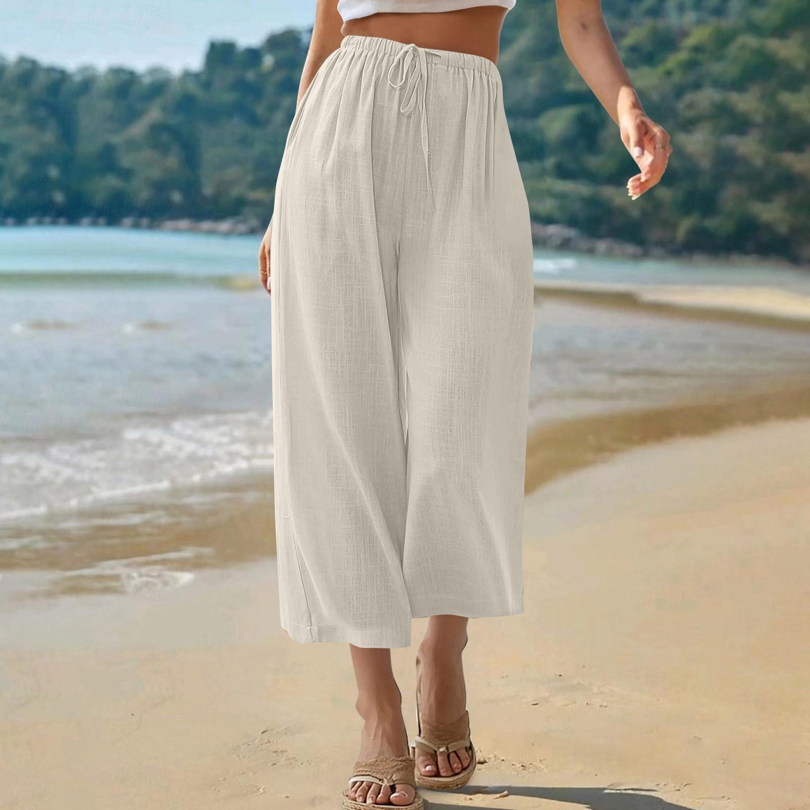 

Капри брюки для женщин хлопок лен повседневные летние прямые широкие свободные завязывающиеся на резинке на талии укороченные брюки XL бежевый