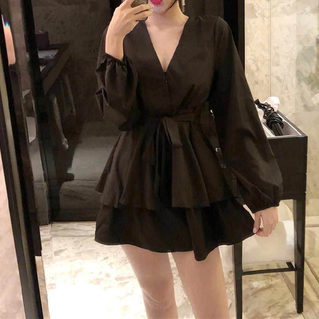 Жіноча вільна сукня з хрестовим V-подібним вирізом і довгими рукавами на бретелях із високою талією, однотонна спідниця А-силуету