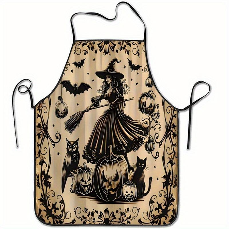 Witch, Broom & Pumpkins Halloween-Themed Polyester Apron Sleeveless, Lightweight & Durable for Home Kitchen, Baking