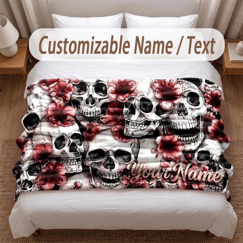 Skull Gothic Theme Soft Blanket Personalized Custom Name Text Print Warm Blanket Home Sofa Bedroom Decor