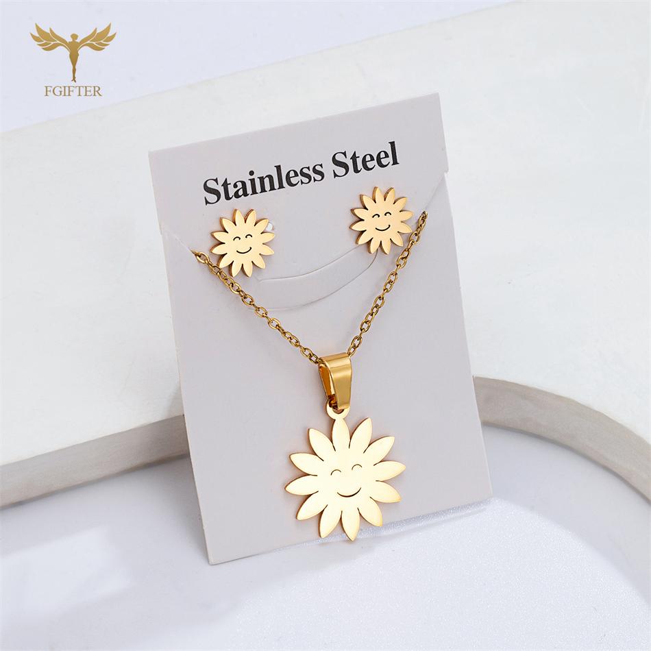 

Улыбка Подсолнух Циркон Набор Золотистая Нержавеющая Сталь Серьги-гвоздики Подвеска Ожерелье Застежка-лобстер Цепочка Солнечный Свет Женские Аксессуары 40cm