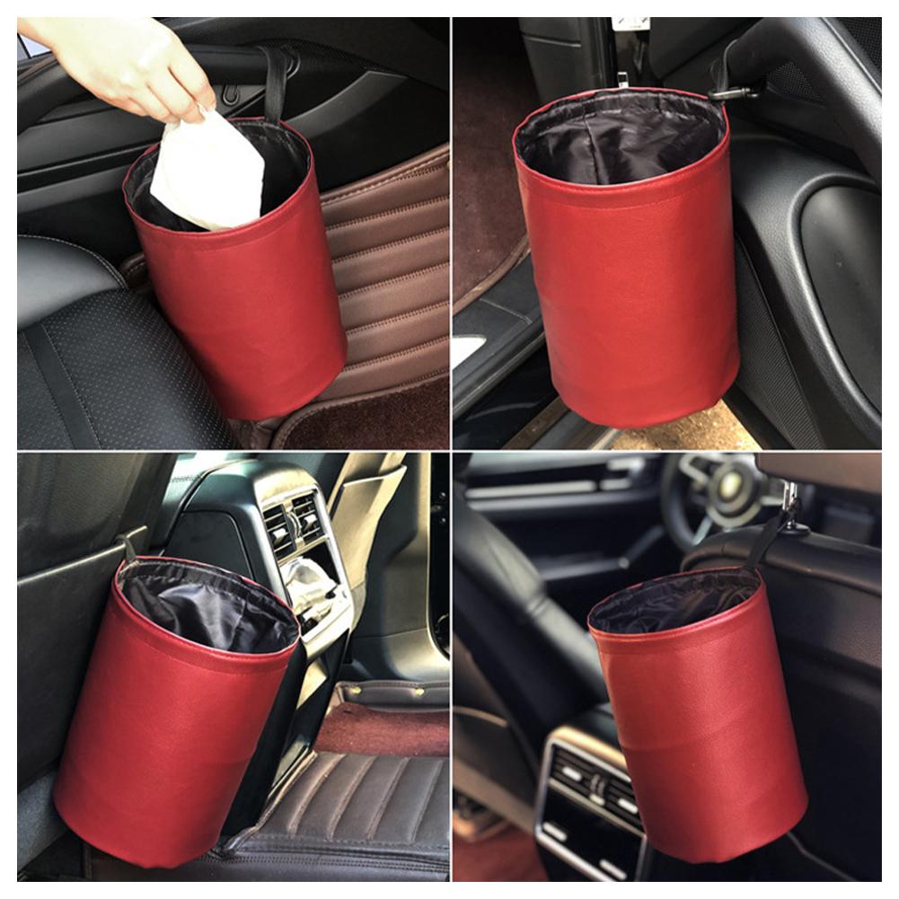 Universal Car Trash Can Collapsible Double-Layer Leather Garage Bag Center Console Storage Bag Leak-proof Waterproof Organizer