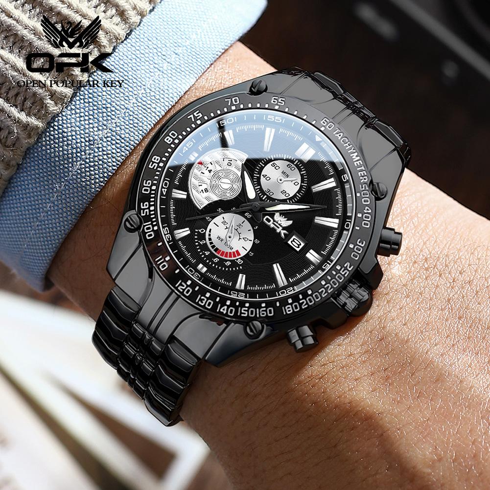 OPK Brand Men's Watch Fashion Multifunctional Calendar Quartz Waterproof Luminous Steel Strap 6020