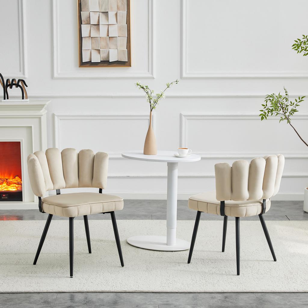 Set of 2 European Dining Chairs with Flower-Shaped Backrest and Velvet Cover. Textured Velvet + Black Metal Legs, 80 cm High, Living and Dining Area.