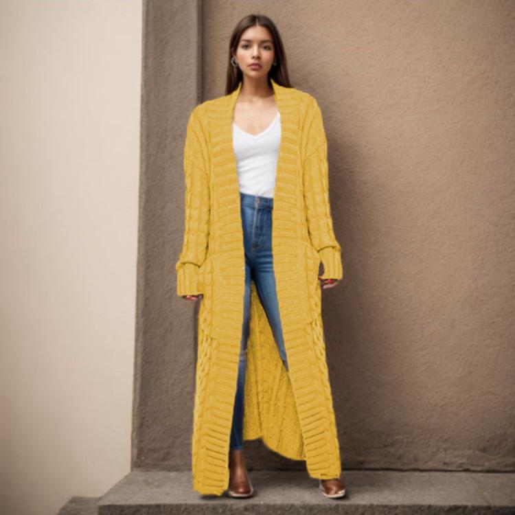 New Loose Knitted Cardigan with Pockets, Long Twisted Sweater and Thick Coat for Women In Autumn and Winter