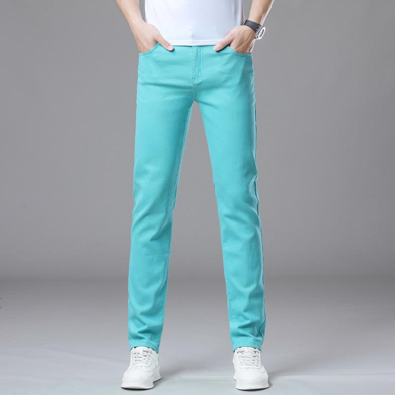 Letní lehké jednobarevné minimalistické pánské džíny Slim-fit rovná nohavice business všestranné travnatě zelené pánské dlouhé kalhoty