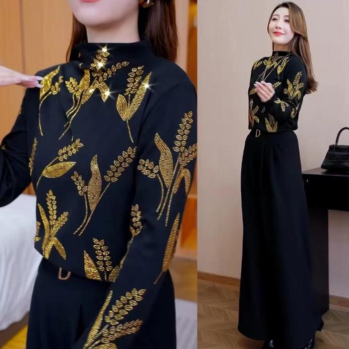 

Осенне-зимний топ из немецкого бархата с полувысоким воротником, однотонный, приталенный, с деталями из горячей фиксации XL