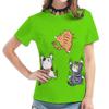 Women's Beige Short-Sleeve Tee - Playful Cartoon Cat Graphic Print, Cute Animal Design Casual Top, Stylish Daily Wear