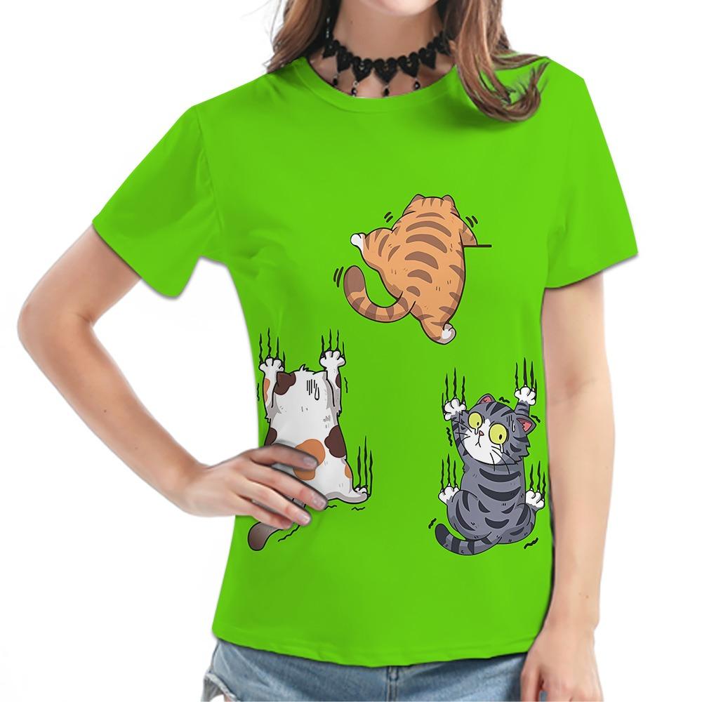 Women's Beige Short-Sleeve Tee - Playful Cartoon Cat Graphic Print, Cute Animal Design Casual Top, Stylish Daily Wear
