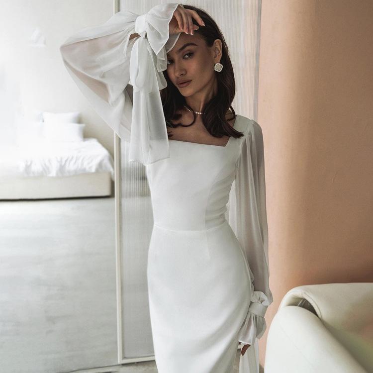 Women's Solid Sheer Mesh Flare Sleeve Square Neck High Waist Mermaid Maxi Dress Evening Party Gown