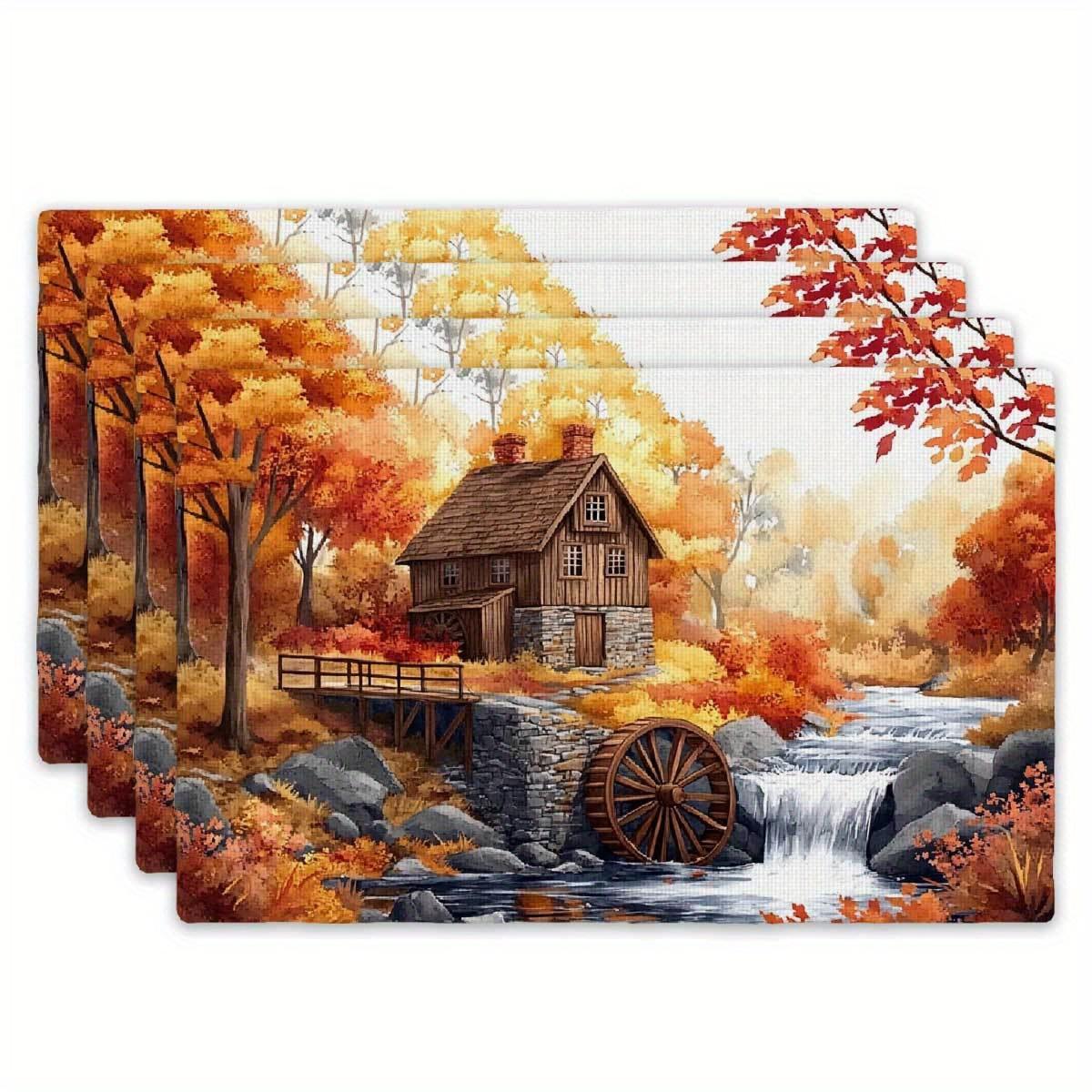 

4pcs Set of Placemats 12x18 Inches - Autumn Water Wheel Stream Scenery Placemats for Holiday Gatherings, Camping, Travel, Countr 30x45cm-4PC