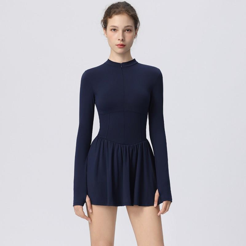 Womens Long Sleeve Athletic Dress With High Neck A-Line Skirt Running Gym Workout Tennis Sport Suit