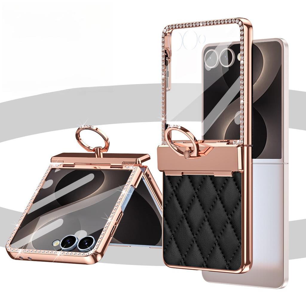 Moderne Rauten-Leder-Schale mit integrierter Folie und Diamant-Design für Samsung Z Flip 8 7FE 6 5 4 3, mit Ringhalter-Ständer, stoßfeste Hülle