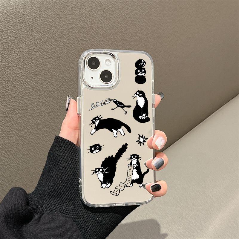 Little Black Cat Illustration Applies To iPhone17 Mobile Phone Case 16pro Electroplating Button 12 Apple 13 Mirror 15/14