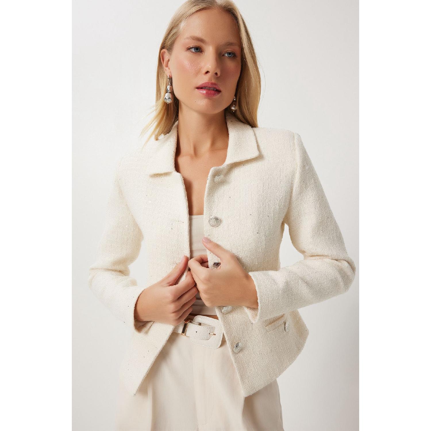 

Женский твидовый пиджак кремового цвета с рубашечным воротником Wf00087 36 кремовый