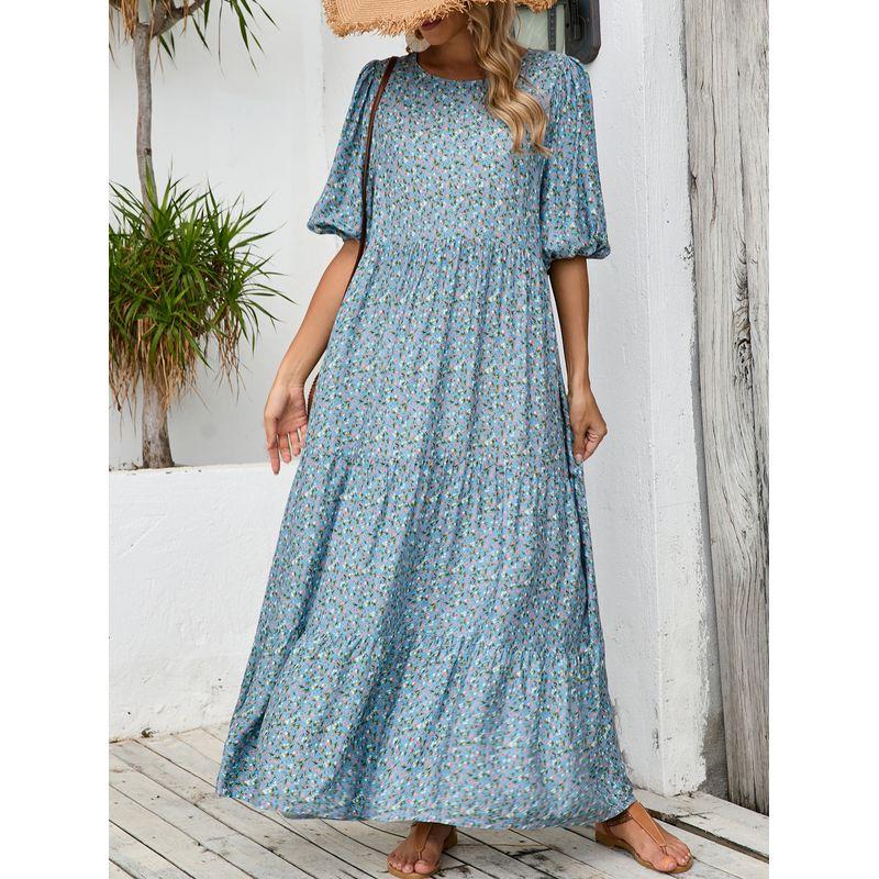 

Новое поступление Женское платье с круглым вырезом, пышными рукавами, цветочным принтом, в европейском и американском стиле, приталенное по талии, средней длины, длинное, А-силуэта, с большим подолом Light blue S