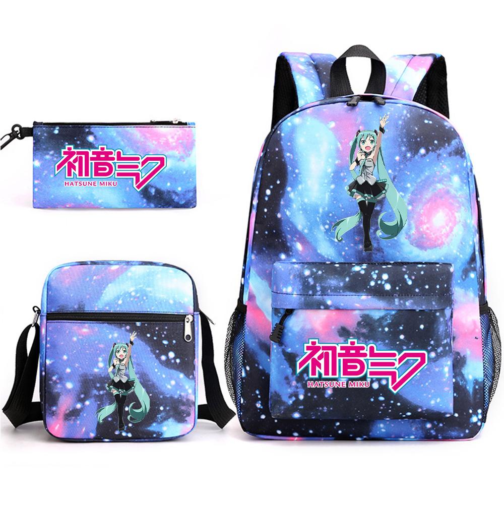 3Pcs/set Anime Cartoon Hatsune Miku Printed Backpack with Shoulder Bag Pencil Case for Teenager Student Boy Girl Large Capacity Waterproof Schoolbag