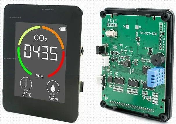 Air quality monitor. Measurement of CO2 concentration, temperature and humidity. White body.