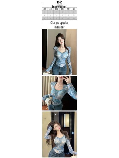 Women's Retro Ink Wash Tie-Dye Square Neck Slim Fit Base Layer Top - Autumn/Winter Collection